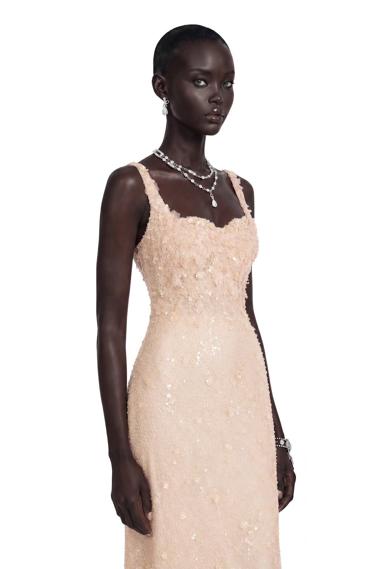 Elena Neutral Sequined Lace Maxi Dress