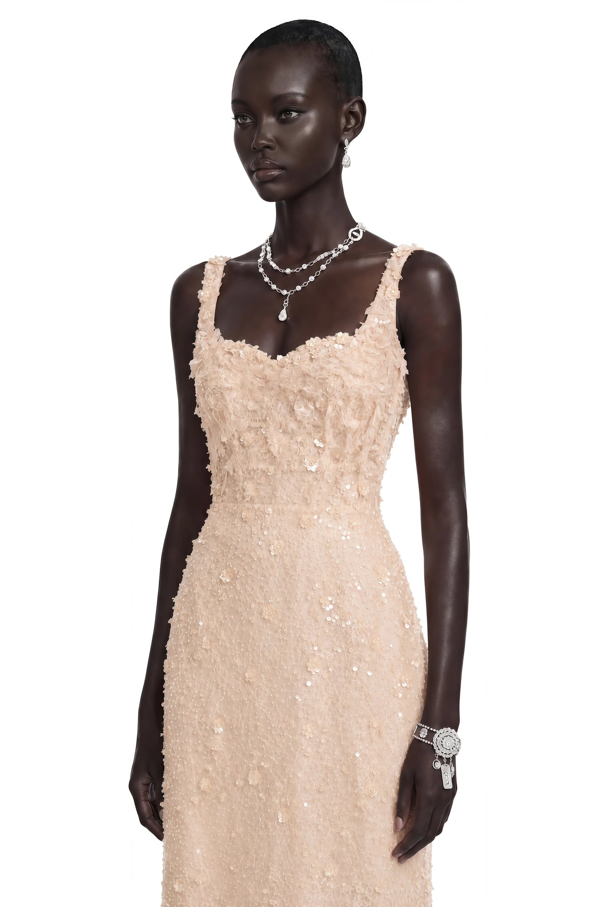 Elena Neutral Sequined Lace Maxi Dress