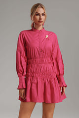 Elena Pink Shirred Waist Mini Dress Long Sleeve Flare Cuff Structured Neckline High Quality Fabric