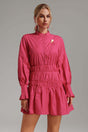 Elena Pink Shirred Waist Mini Dress Long Sleeve Flare Cuff Structured Neckline High Quality Fabric