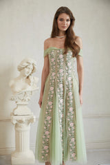 Eleni Green Tulle Panel Floral Midi Dress