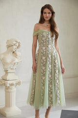 Eleni Green Tulle Panel Floral Midi Dress