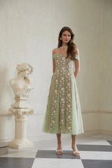 Eleni Green Tulle Panel Floral Midi Dress