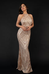 Eleonora Champagne Mermaid Halter Neck Sequin Geometric Pattern Dress