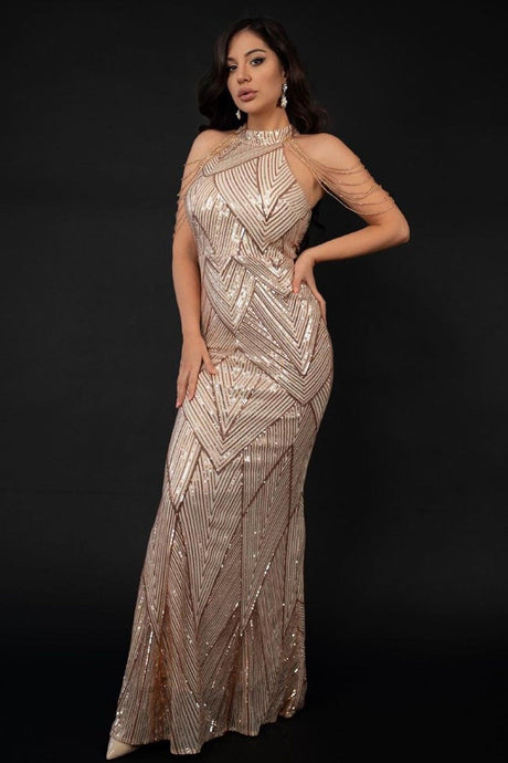 Eleonora Champagne Sequin Mermaid Halter Neck Dress