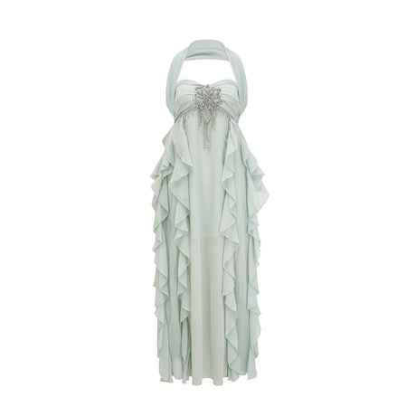 Eleonora Midi Dress - Halterneck Neckline - Sleeveless - Pleated Skirt - Ruffled Detailing