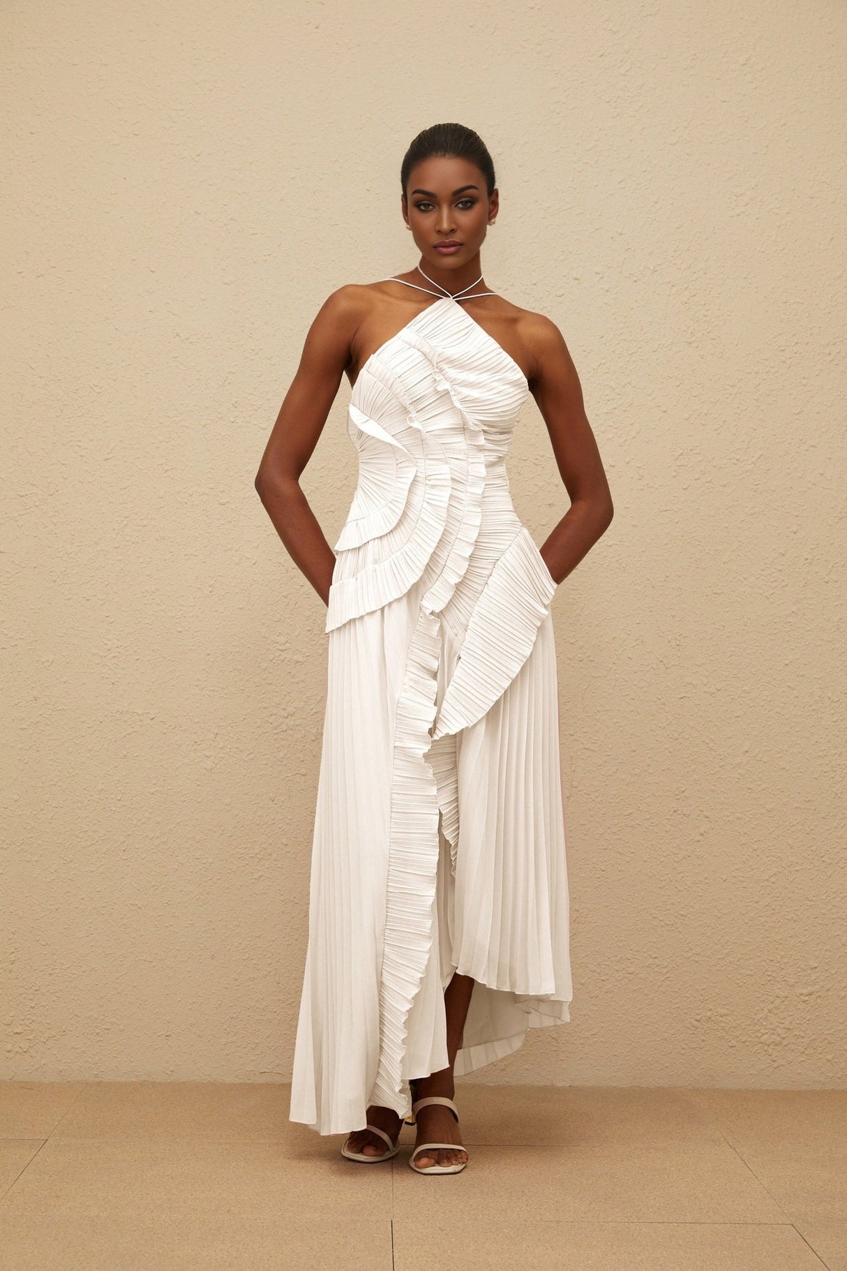 Eleonora Midi Dress - Halterneck - Sleeveless - Fully - Pleated - Ruffled Trim - Asymmetrical Design