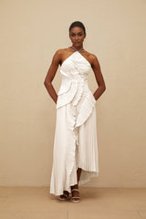 Eleonora Midi Dress - Halterneck - Sleeveless - Fully - Pleated - Ruffled Trim - Asymmetrical Design