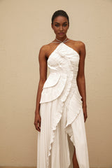 Eleonora Midi Dress - Halterneck - Sleeveless - Fully - Pleated - Ruffled Trim - Asymmetrical Design