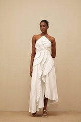 Eleonora Midi Dress - Halterneck - Sleeveless - Fully - Pleated - Ruffled Trim - Asymmetrical Design