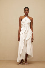 Eleonora Midi Dress - Halterneck - Sleeveless - Fully - Pleated - Ruffled Trim - Asymmetrical Design
