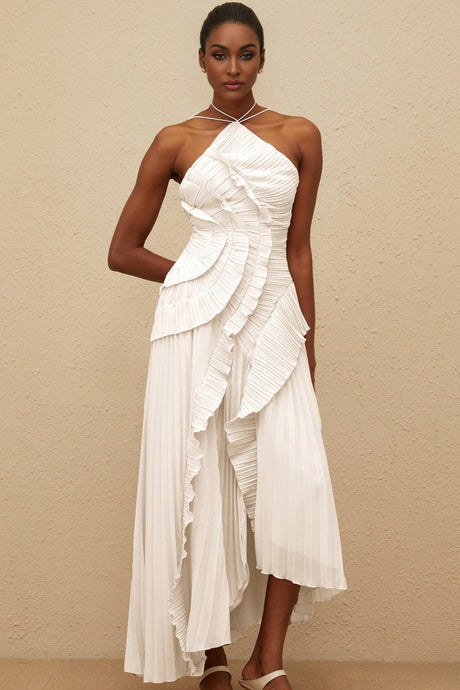 Eleonora Midi Dress - Halterneck - Sleeveless - Fully - Pleated - Ruffled Trim - Asymmetrical Design