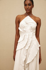 Eleonora Midi Dress - Halterneck - Sleeveless - Fully - Pleated - Ruffled Trim - Asymmetrical Design