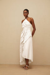 Eleonora Midi Dress - Halterneck - Sleeveless - Fully - Pleated - Ruffled Trim - Asymmetrical Design