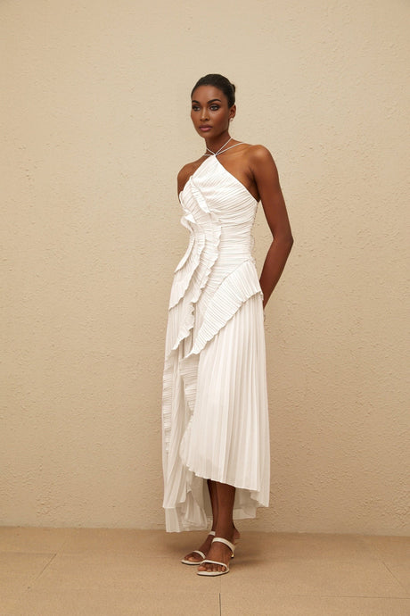 Eleonora Midi Dress - Halterneck - Sleeveless - Fully - Pleated - Ruffled Trim - Asymmetrical Design