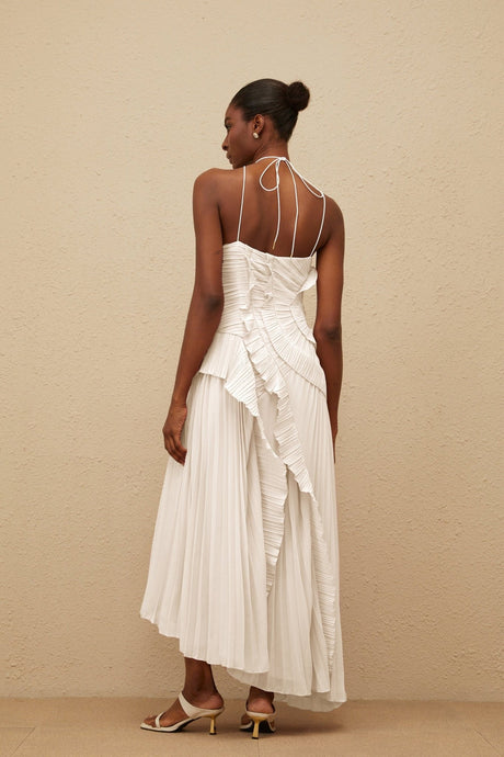 Eleonora Midi Dress - Halterneck - Sleeveless - Fully - Pleated - Ruffled Trim - Asymmetrical Design