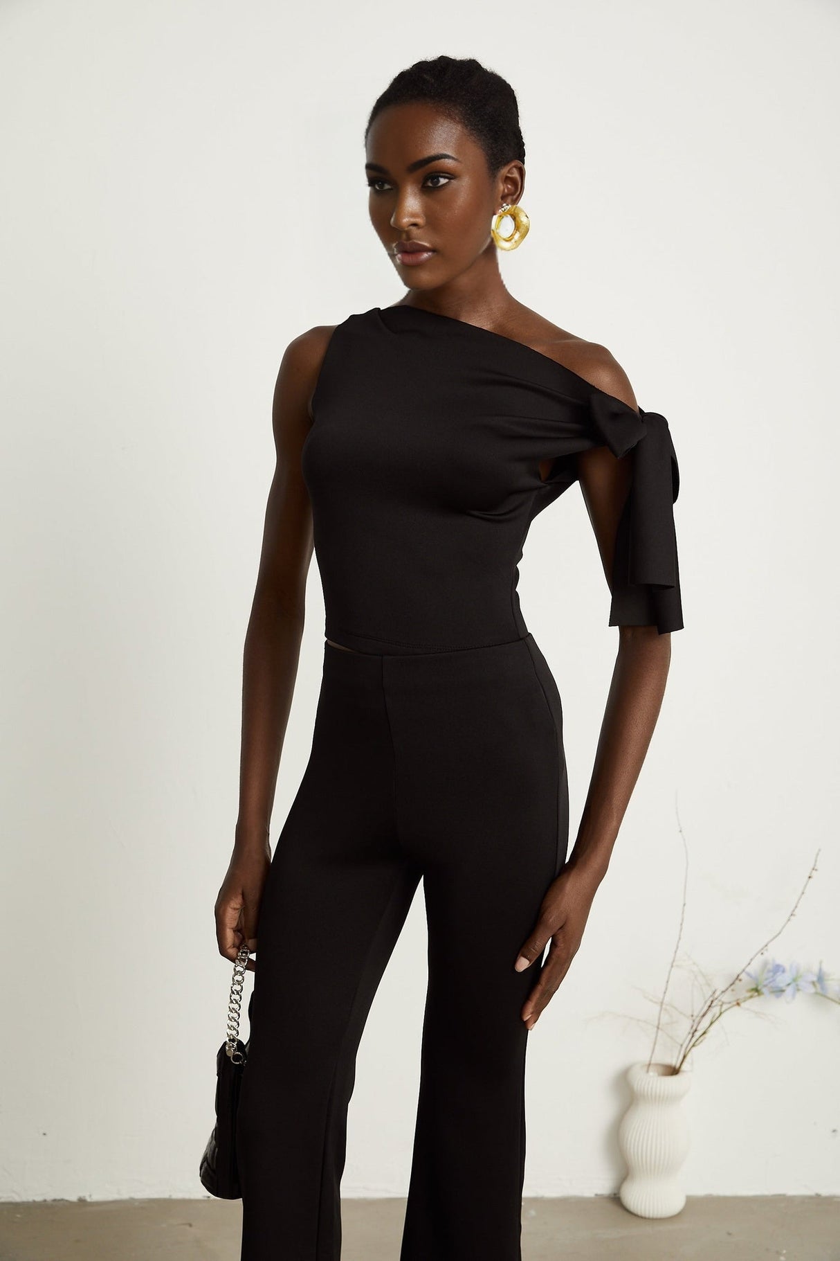 Eleonora Top & Trousers Set - Sleeveless One Shoulder - Knitted Construction - High - Waisted Flared Legs