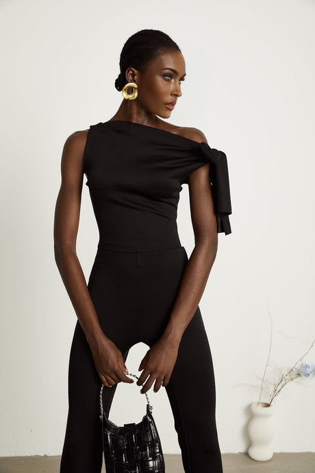 Eleonora Top & Trousers Set - Sleeveless One Shoulder - Knitted Construction - High - Waisted Flared Legs