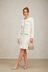 Elettra Cardigan & Skirt - Crystal Embellishments - Pinched Shoulder Detail - Waffle Knit Texture - Ruffled Hem