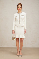 Elettra Cardigan & Skirt - Crystal Embellishments - Pinched Shoulder Detail - Waffle Knit Texture - Ruffled Hem