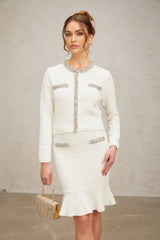 Elettra Cardigan & Skirt - Crystal Embellishments - Pinched Shoulder Detail - Waffle Knit Texture - Ruffled Hem