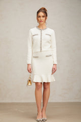 Elettra Cardigan & Skirt - Crystal Embellishments - Pinched Shoulder Detail - Waffle Knit Texture - Ruffled Hem