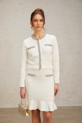 Elettra Cardigan & Skirt - Crystal Embellishments - Pinched Shoulder Detail - Waffle Knit Texture - Ruffled Hem