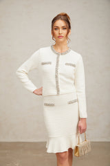 Elettra Cardigan & Skirt - Crystal Embellishments - Pinched Shoulder Detail - Waffle Knit Texture - Ruffled Hem