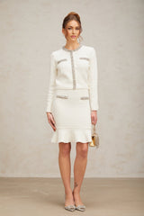 Elettra Cardigan & Skirt - Crystal Embellishments - Pinched Shoulder Detail - Waffle Knit Texture - Ruffled Hem