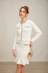 Elettra Cardigan & Skirt - Crystal Embellishments - Pinched Shoulder Detail - Waffle Knit Texture - Ruffled Hem
