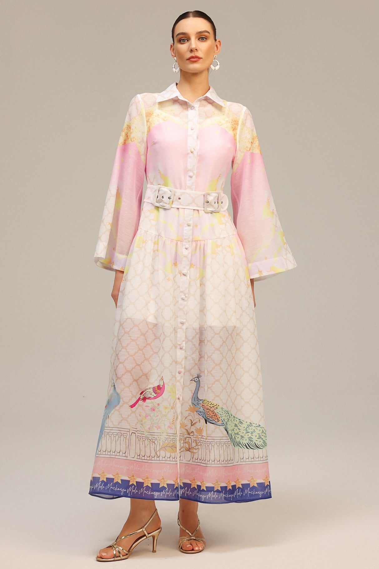 Elettra Pink Floral Maxi Dress with Belt Detail