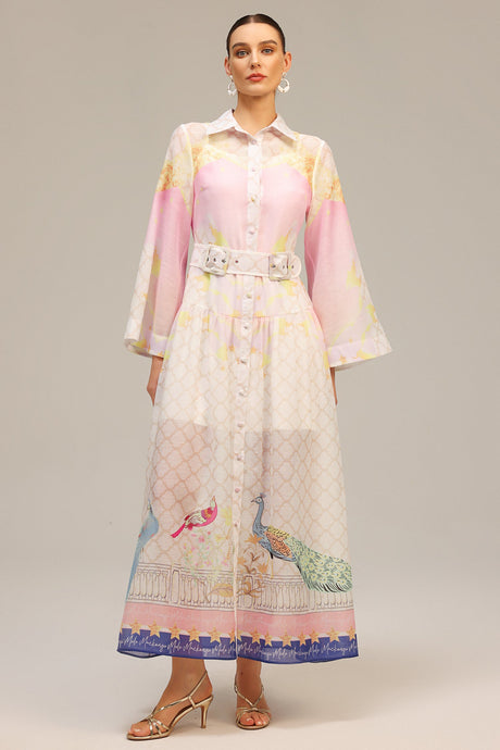 Elettra Pink Floral Maxi Dress with Belt Detail