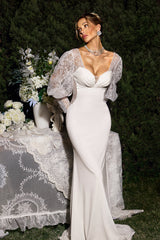 Elettra White Lace Maxi Dress Sweetheart Neckline Long Sleeves Formal Evening Gown