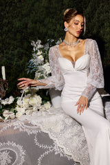 Elettra White Lace Sleeve Maxi Dress Sweetheart Neckline Formal Evening Gown