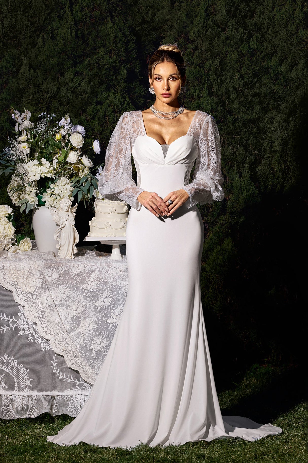 Elettra White Lace Sleeve Maxi Dress for Special Occasion
