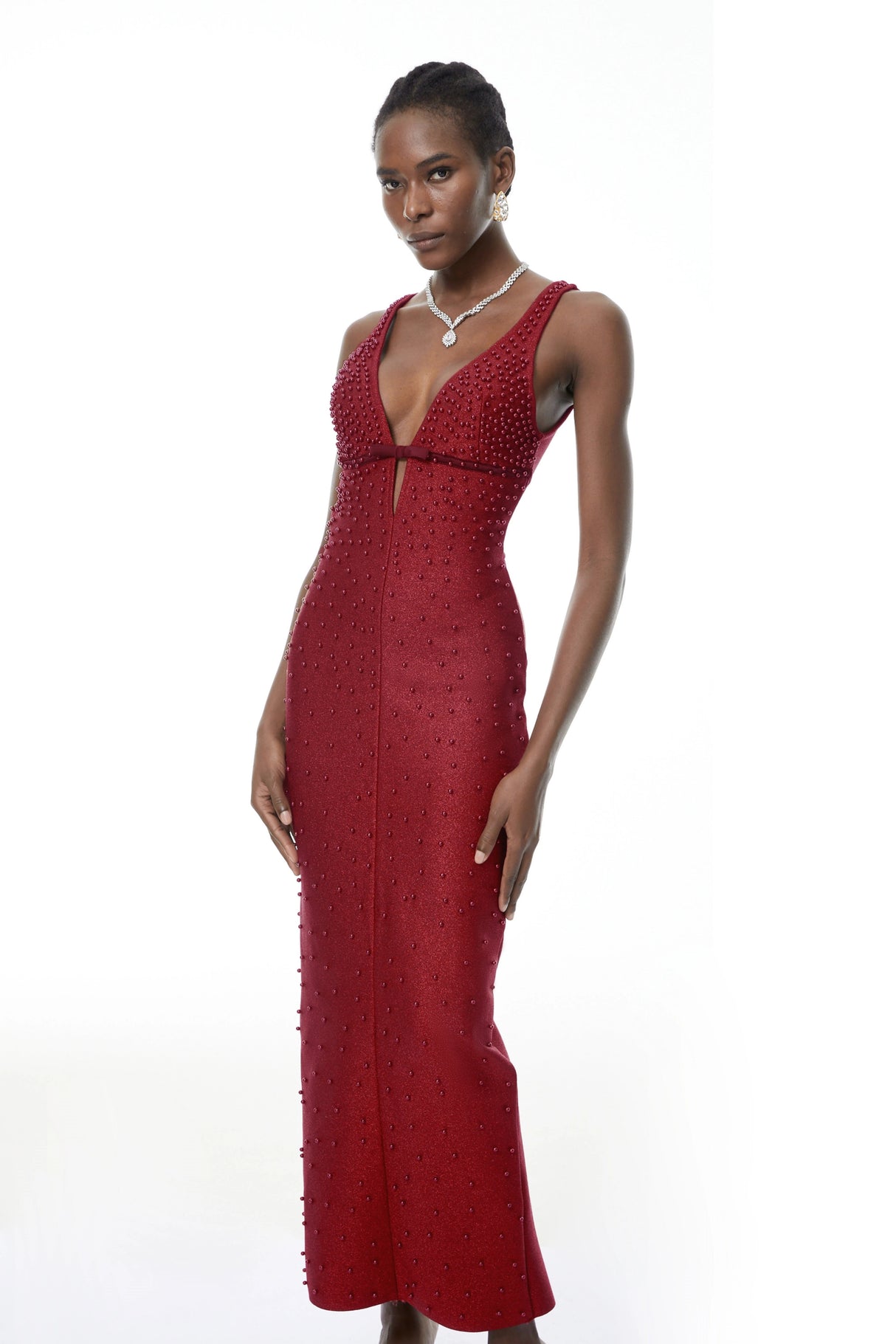 Eliana Red Bandage Maxi Dress with Pearls