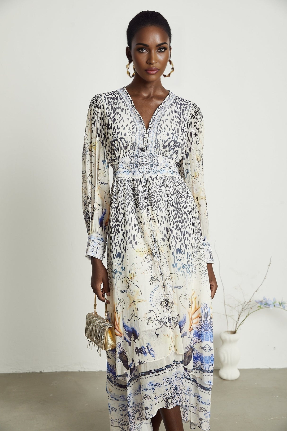 Elida buttonfront ruffled maxi dress