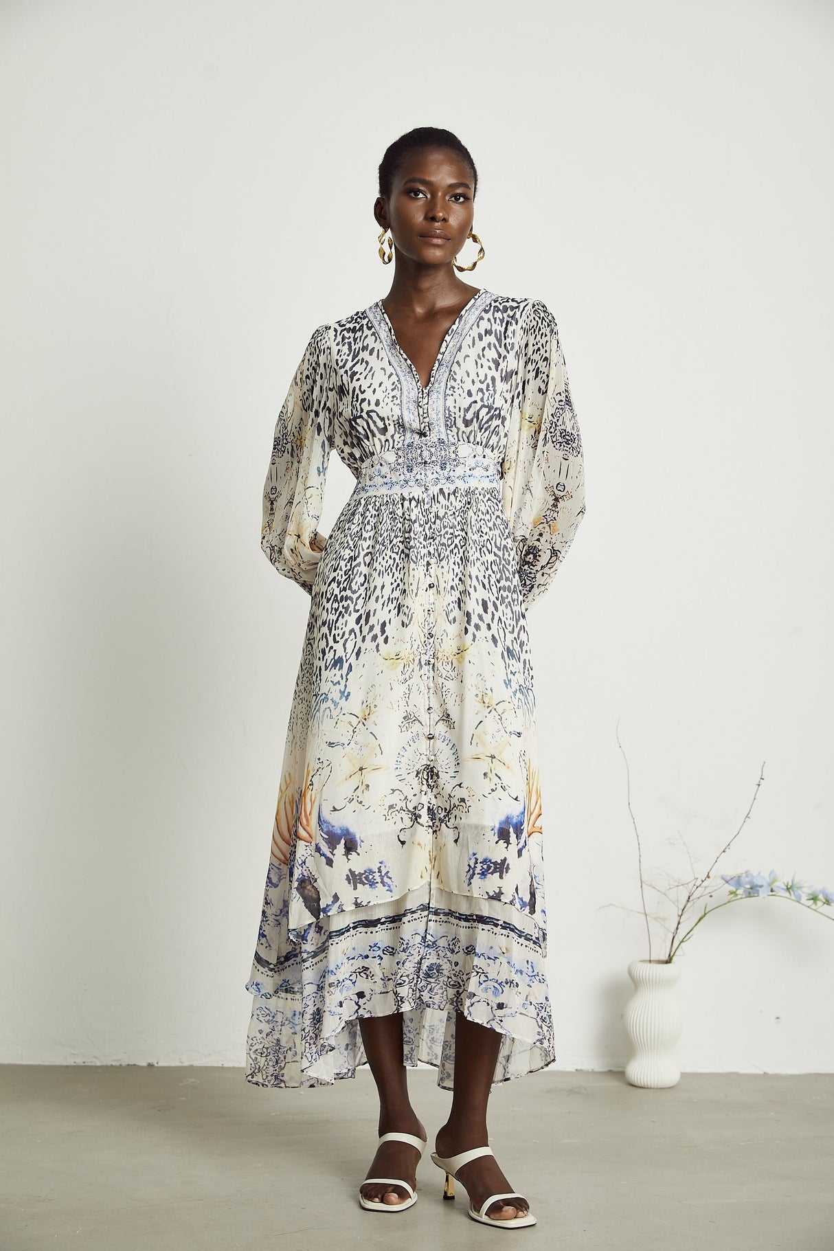 Elida buttonfront ruffled maxi dress