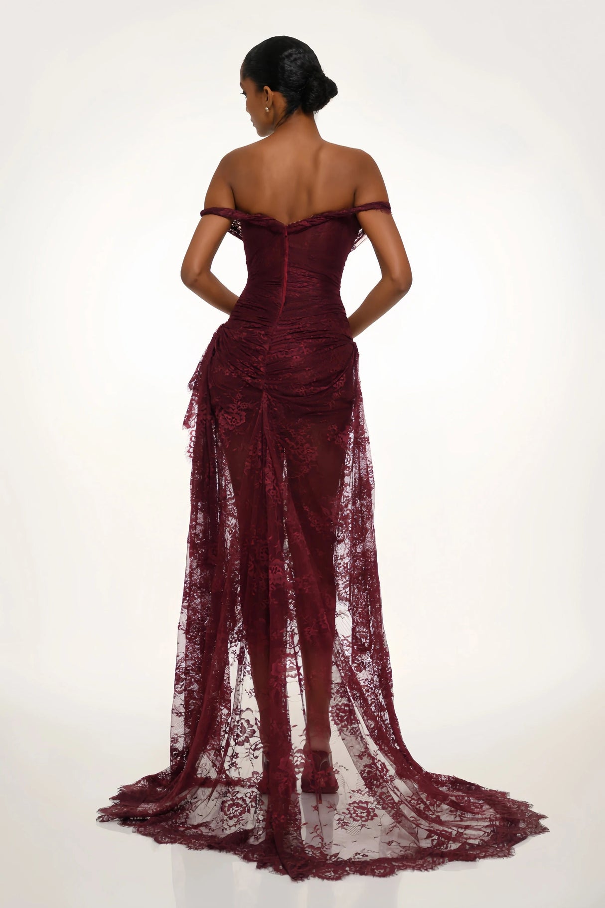 Eline Burgundy Ruched Floral Lace Gown