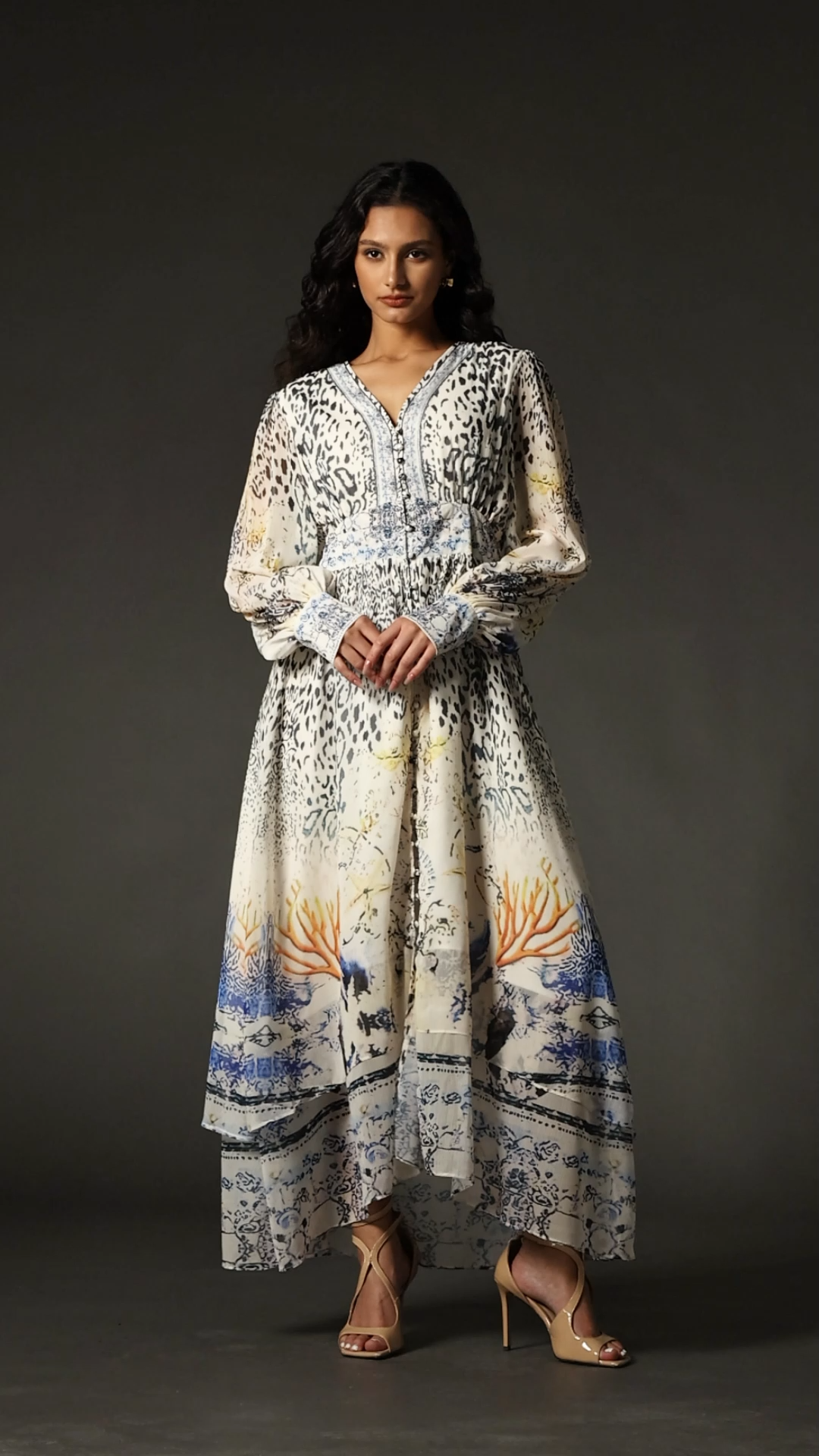 Elisa Beige Maxi Dress V Neck Long Sleeve Formal Evening Wear Elegant Charm
