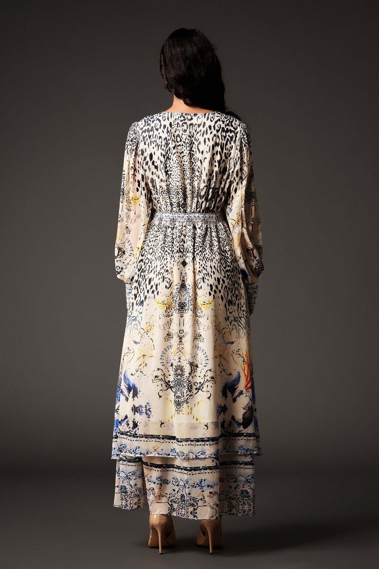 Elisa Beige Maxi Dress V Neckline Long Sleeve Coastal Landscape Pattern