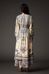 Elisa Beige Maxi Dress V Neckline Long Sleeve Coastal Landscape Pattern
