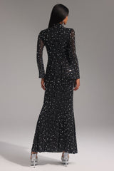 Elisa Black Maxi Dress with Shimmering Embellishments and Long Sleeves