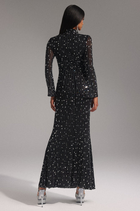 Elisa Black Maxi Dress with Shimmering Embellishments and Long Sleeves