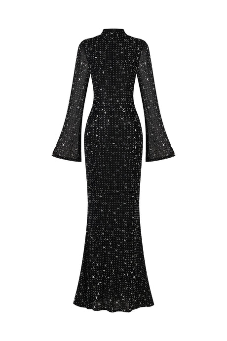 Elisa Black Maxi Dress with Shimmering Embellishments Long Sleeves High Neckline and Flared Hem for Evening Events and Formal Gatherings