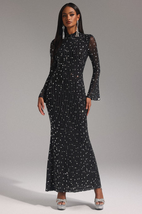 Elisa Black Maxi Dress with Shimmering Embellishments for Evening Events or Formal Gatherings