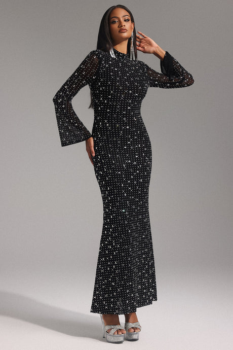 Elisa Black Maxi Dress with Shimmering Embellishments for Special Occasions