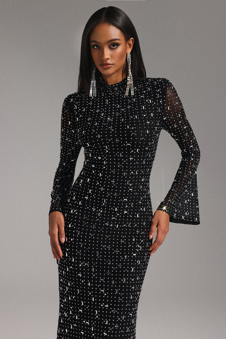 Elisa Black Maxi Dress with Shimmering Embellishments for Special Occasions