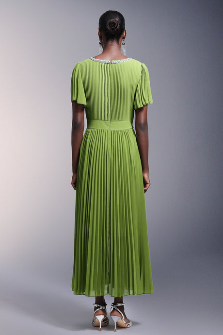Elisa Green Maxi Dress Pleated V-Neck Short Sleeve Formal Summer Wedding