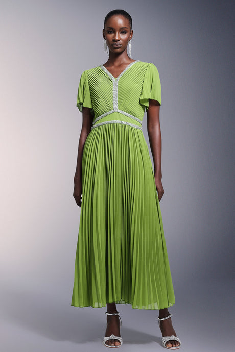 Elisa Green Pleated Maxi Dress with V-Neckline and Short Sleeves for Women